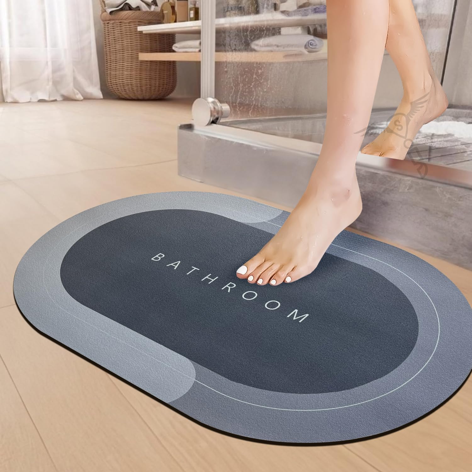 Sittella Rubber 3 Pieces (3.5Mm) Anti-Skid Water Soaking Bathroom Print Oval Door Mat, Water Absorbent Mat (40X60Cm) Grey
